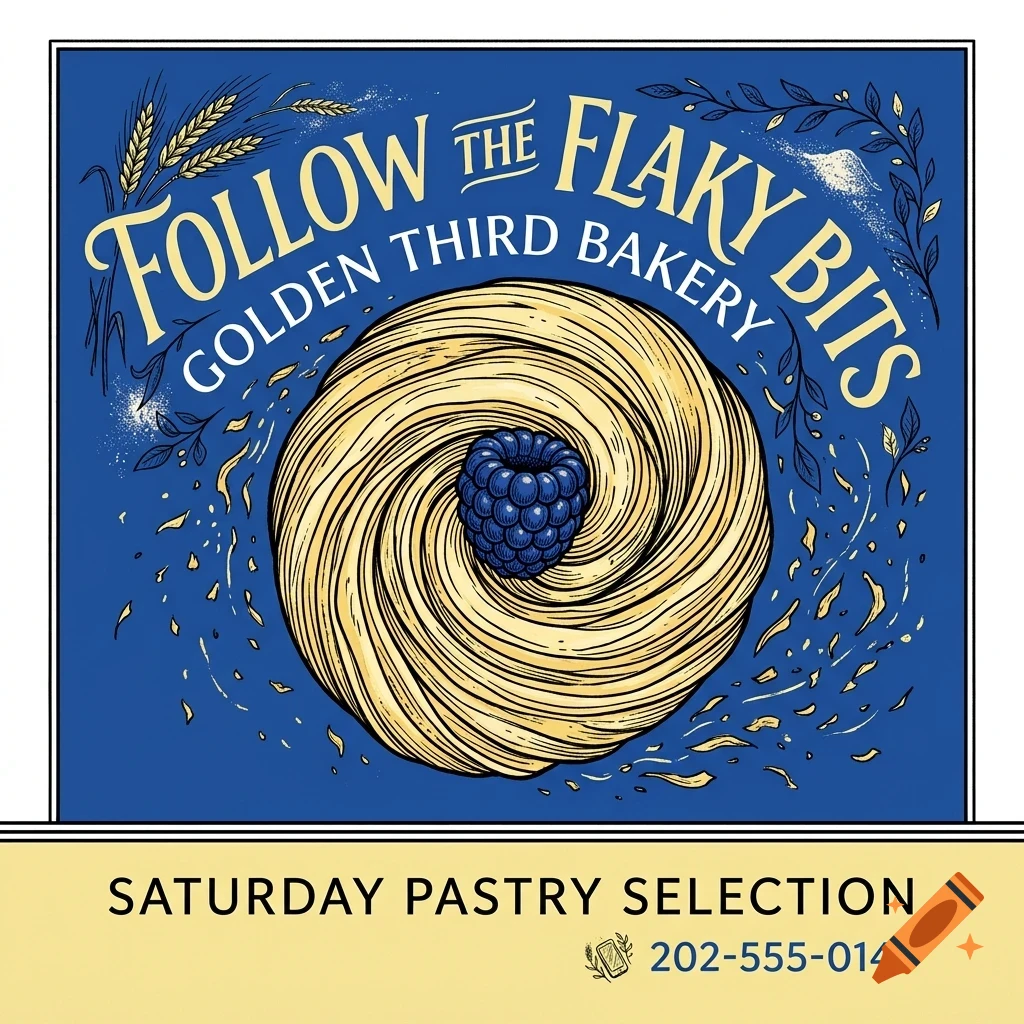 An illustration of a swirled pastry topped with a blackberry on a blue background, surrounded by lettering reading Follow the Flaky Bits and Golden Third Bakery.