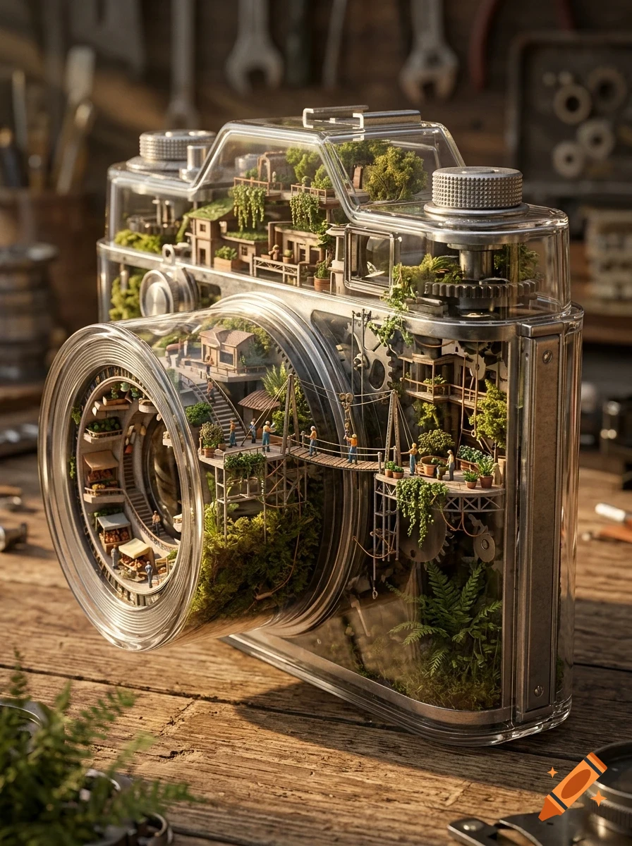 A miniature world inside a transparent vintage camera, featuring tiny buildings, plants, and people on wooden walkways.