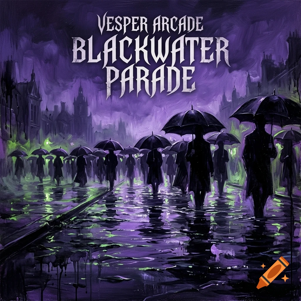 An oil painting depicting a line of people with umbrellas walking down a rainy street at night, with purple and green tones and the text 'VESPER ARCADE BLACKWATER PARADE' at the top.