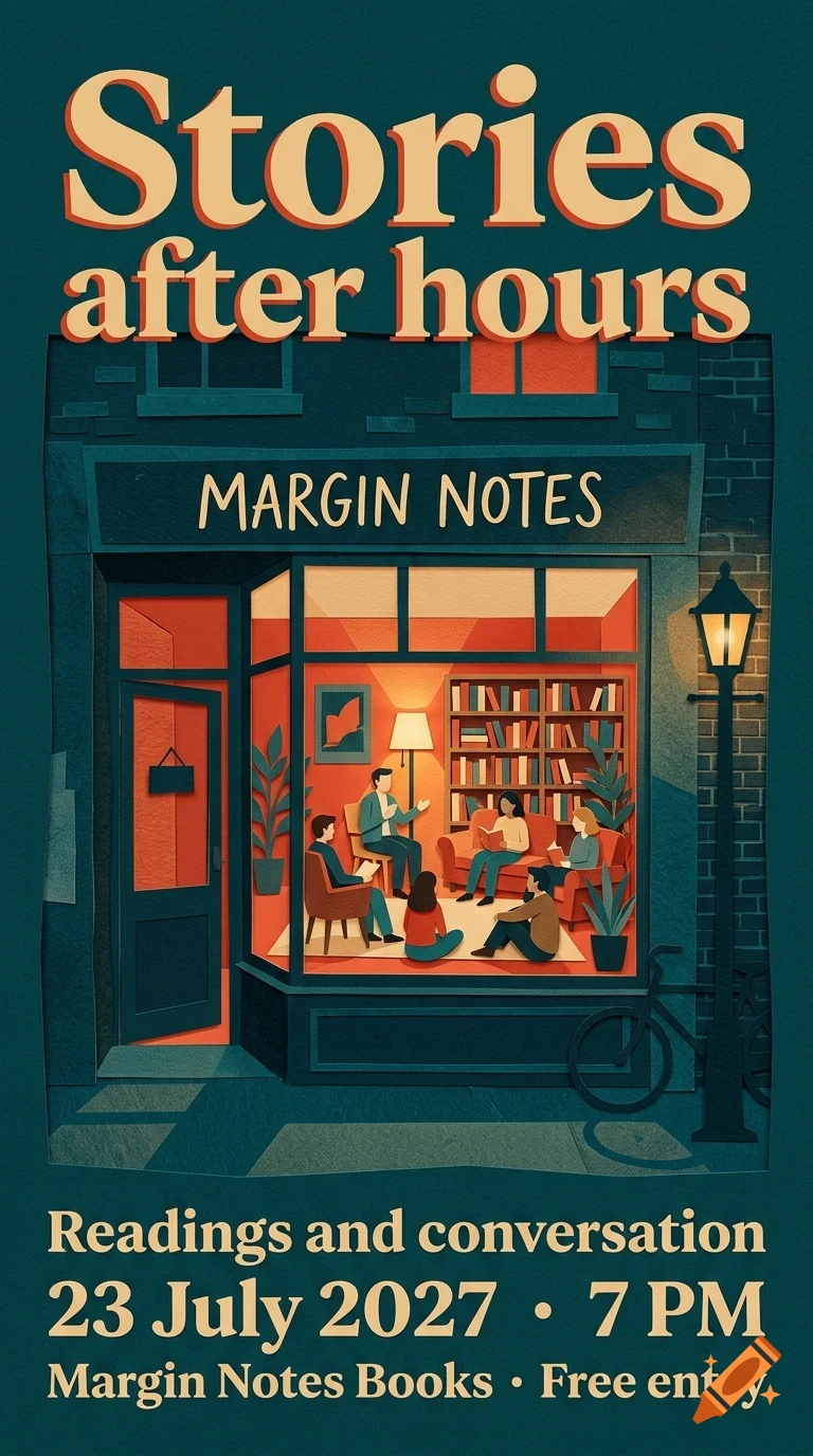 An illustrated poster for Stories After Hours, showing a cozy bookstore storefront with people reading and conversing inside.