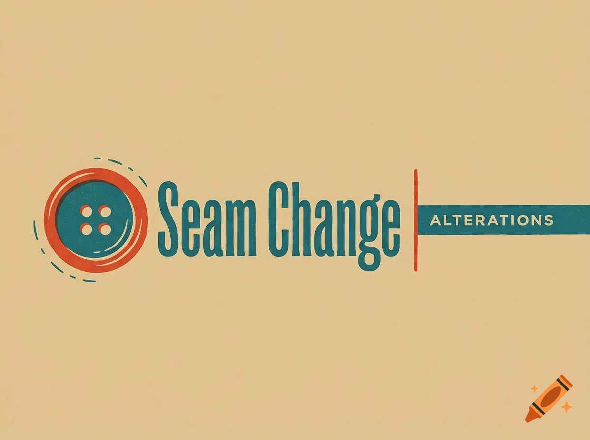 A graphic design logo reading Seam Change Alterations, featuring a teal and red button icon on the left.