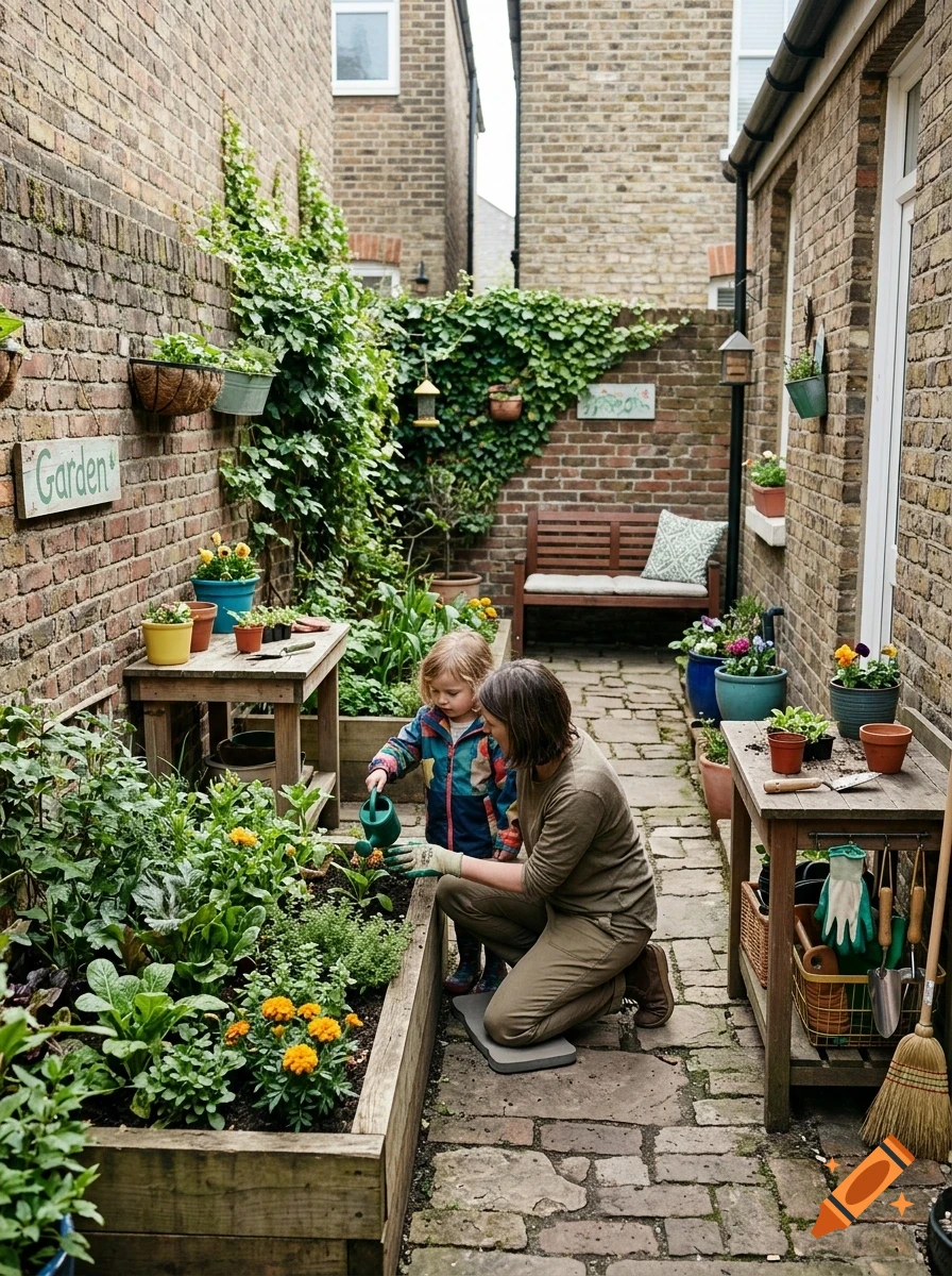 An adult and a child garden together in a narrow brick courtyard filled with potted plants and raised beds.