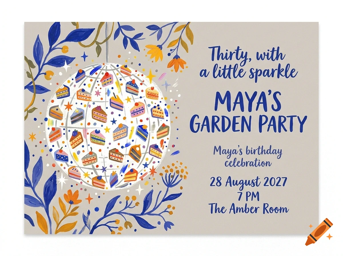 An invitation card for Maya's Garden Party featuring a disco ball adorned with cake slices, floral borders, and blue lettering.