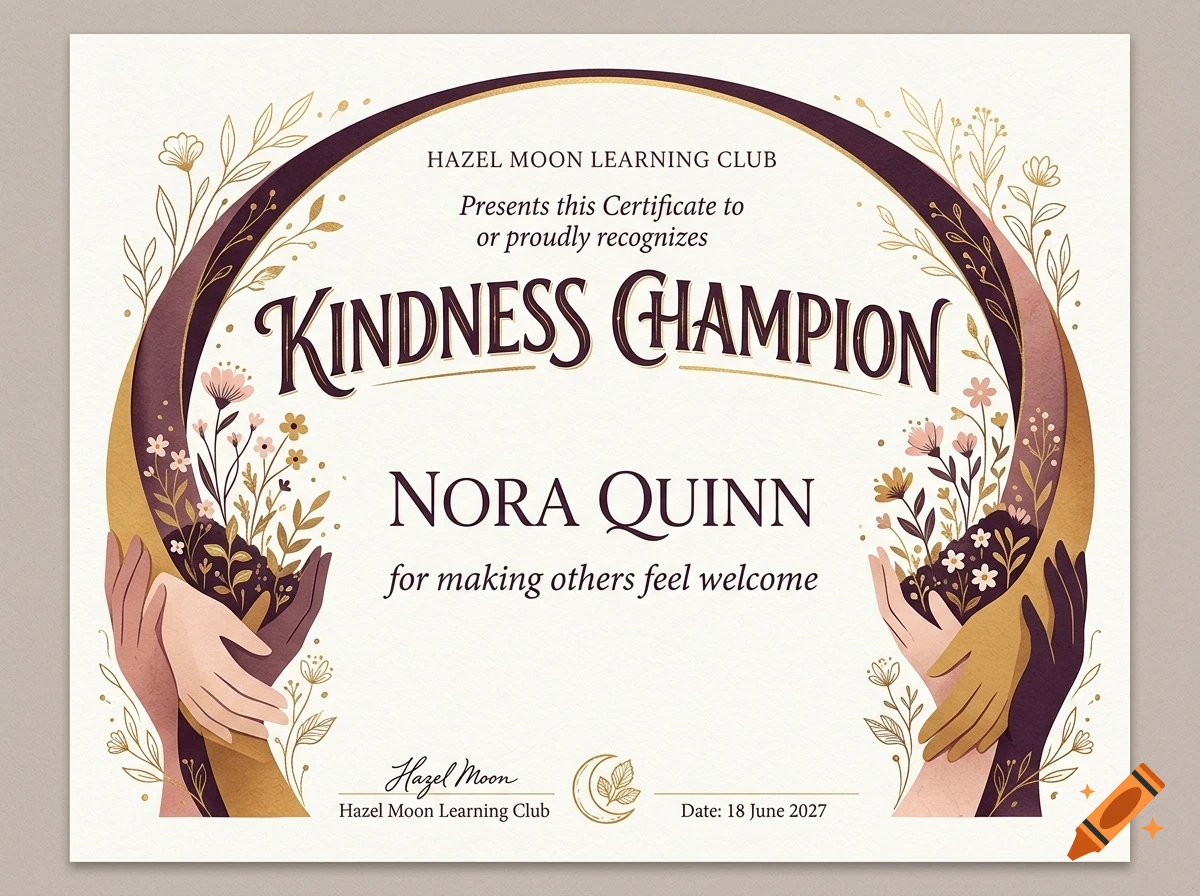 An illustrated award certificate with decorative hands, flowers, and the text Kindness Champion.