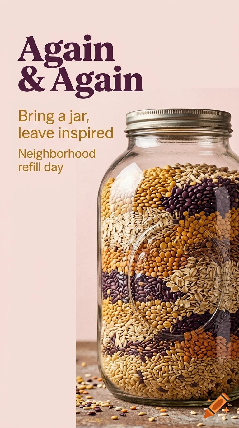 A large glass jar filled with layered grains and legumes, next to text that reads 'Again & Again' and 'Bring a jar, leave inspired'.