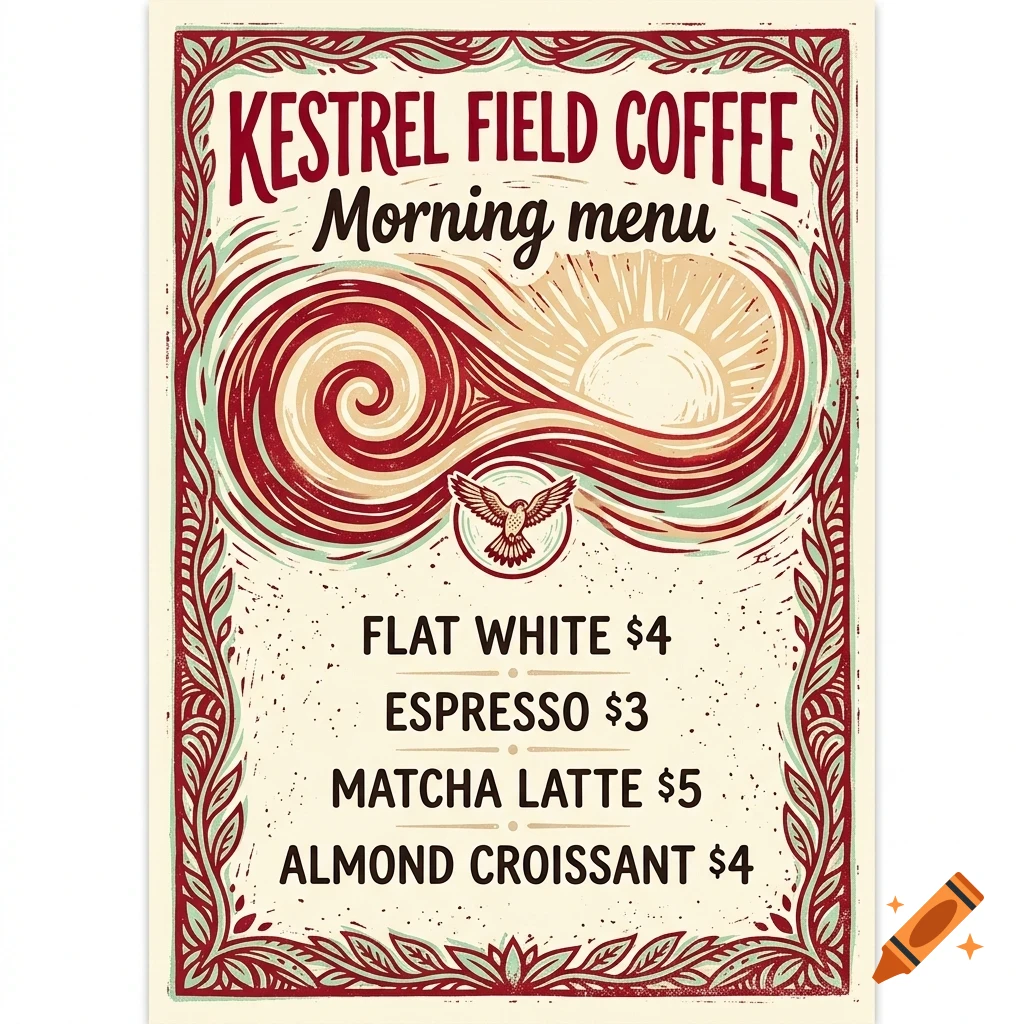 A stylized poster for Kestrel Field Coffee featuring a morning menu with prices, surrounded by a decorative border and a bird illustration.