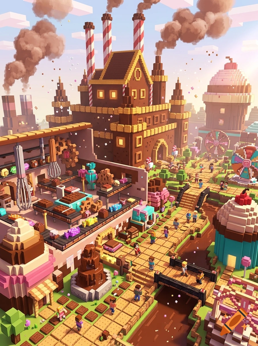 Minecraft-style theme park and chocolate factory with candy structures, a chocolate river, and tiny blocky visitors.