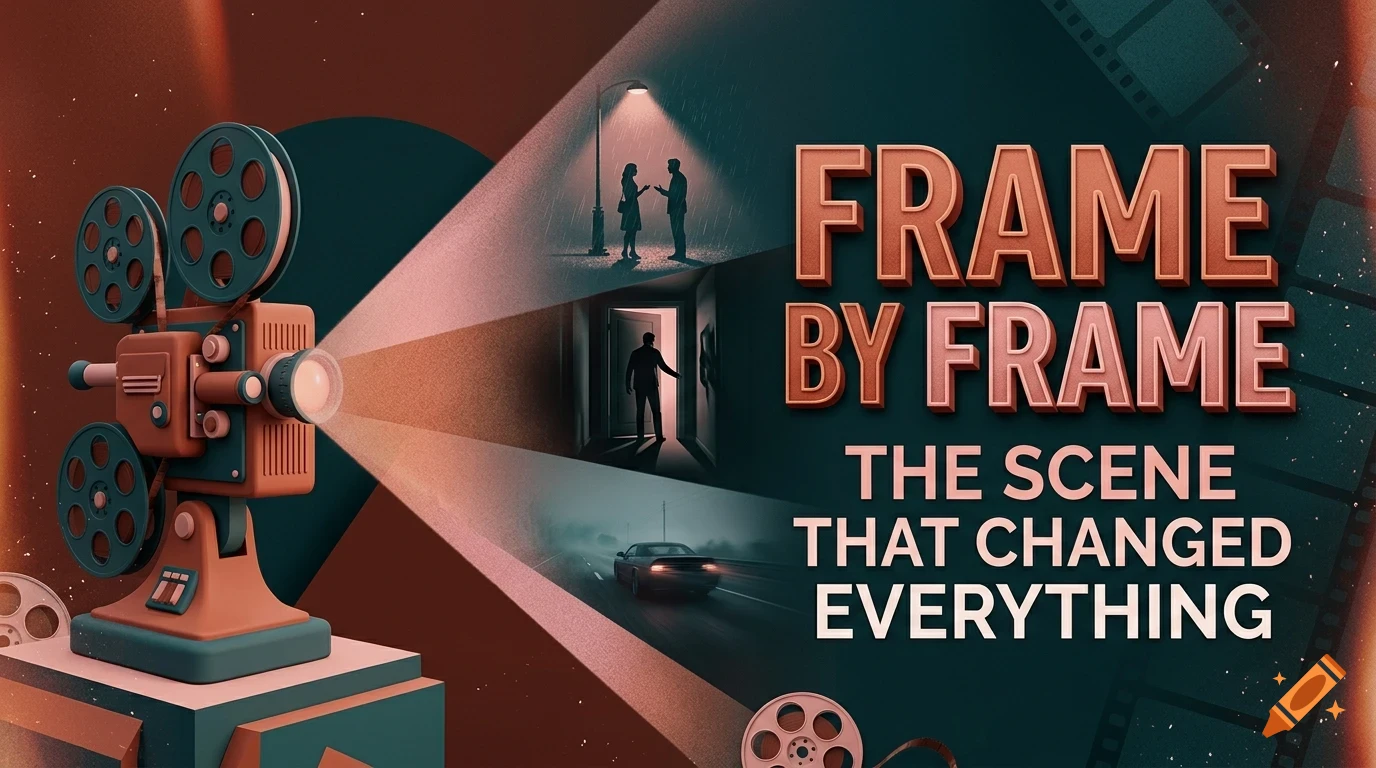 A vintage movie projector projects a beam of light showing movie scenes and the text FRAME BY FRAME THE SCENE THAT CHANGED EVERYTHING.