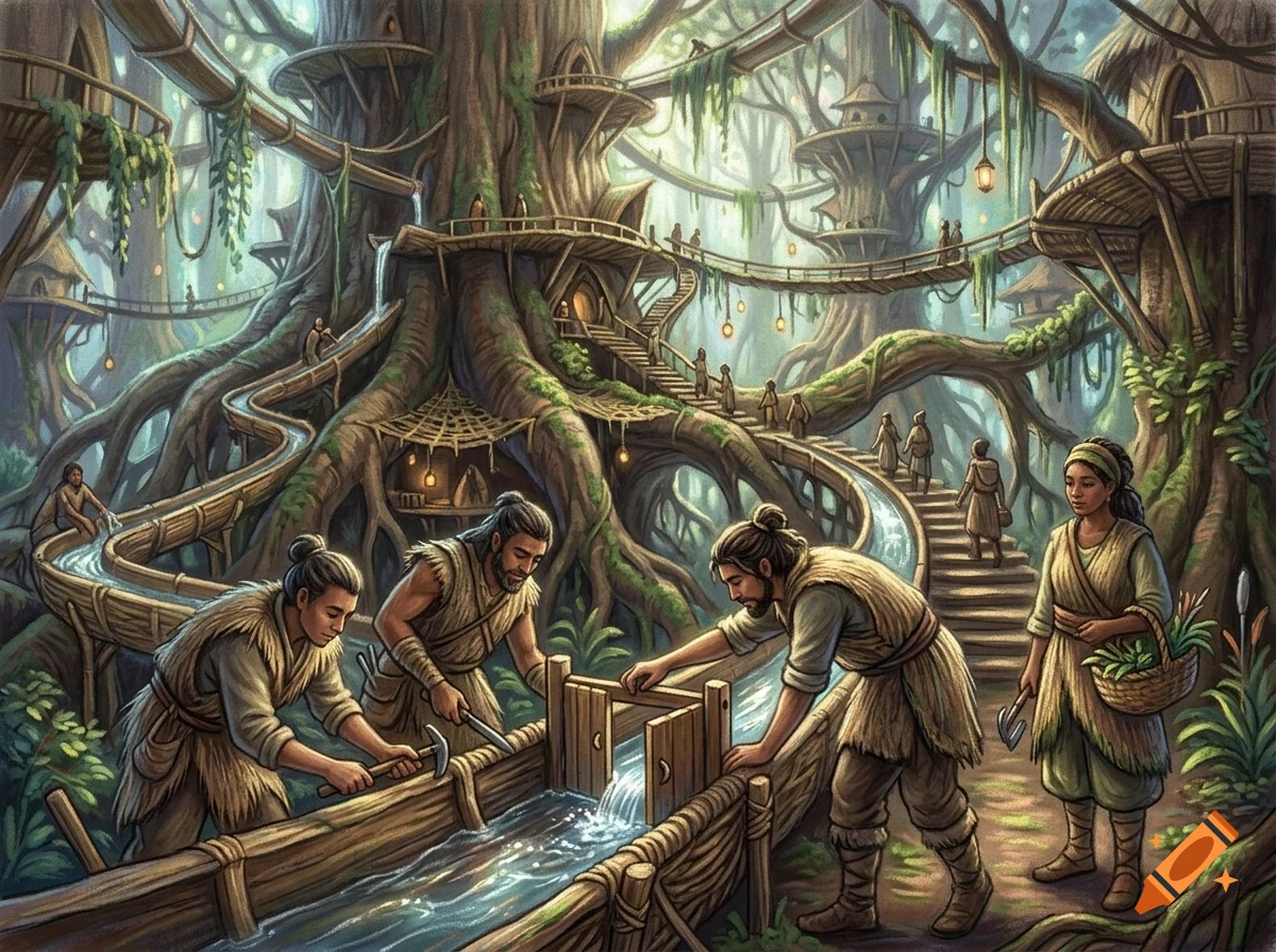 People working and interacting in a village built among massive ancient trees in a forest.