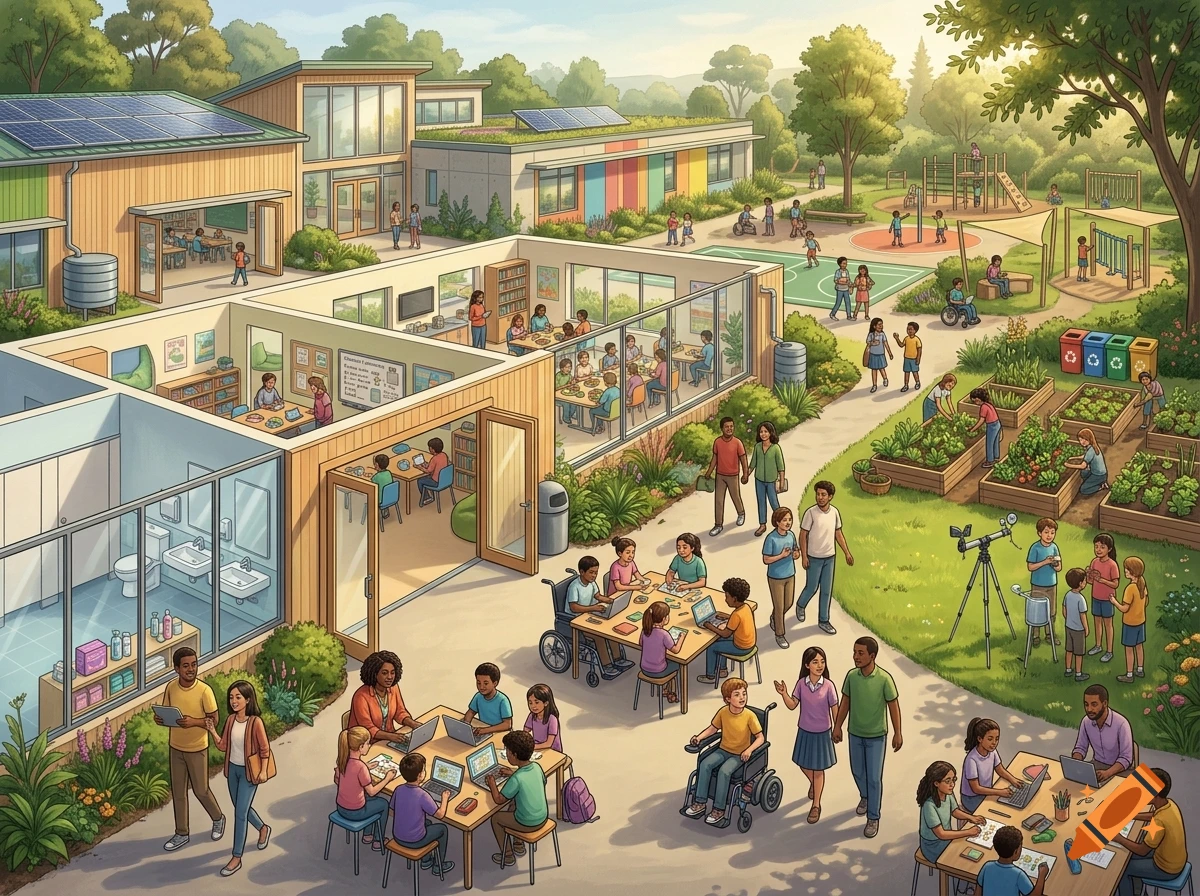 An illustrated modern school campus with students and teachers learning outdoors and indoors, featuring solar panels, gardens, and accessibility.