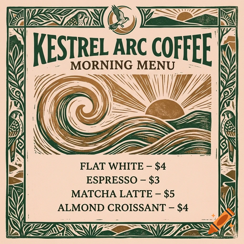 An illustrated morning menu for Kestrel Arc Coffee featuring coffee and food prices, adorned with botanical and bird motifs in green and brown tones.