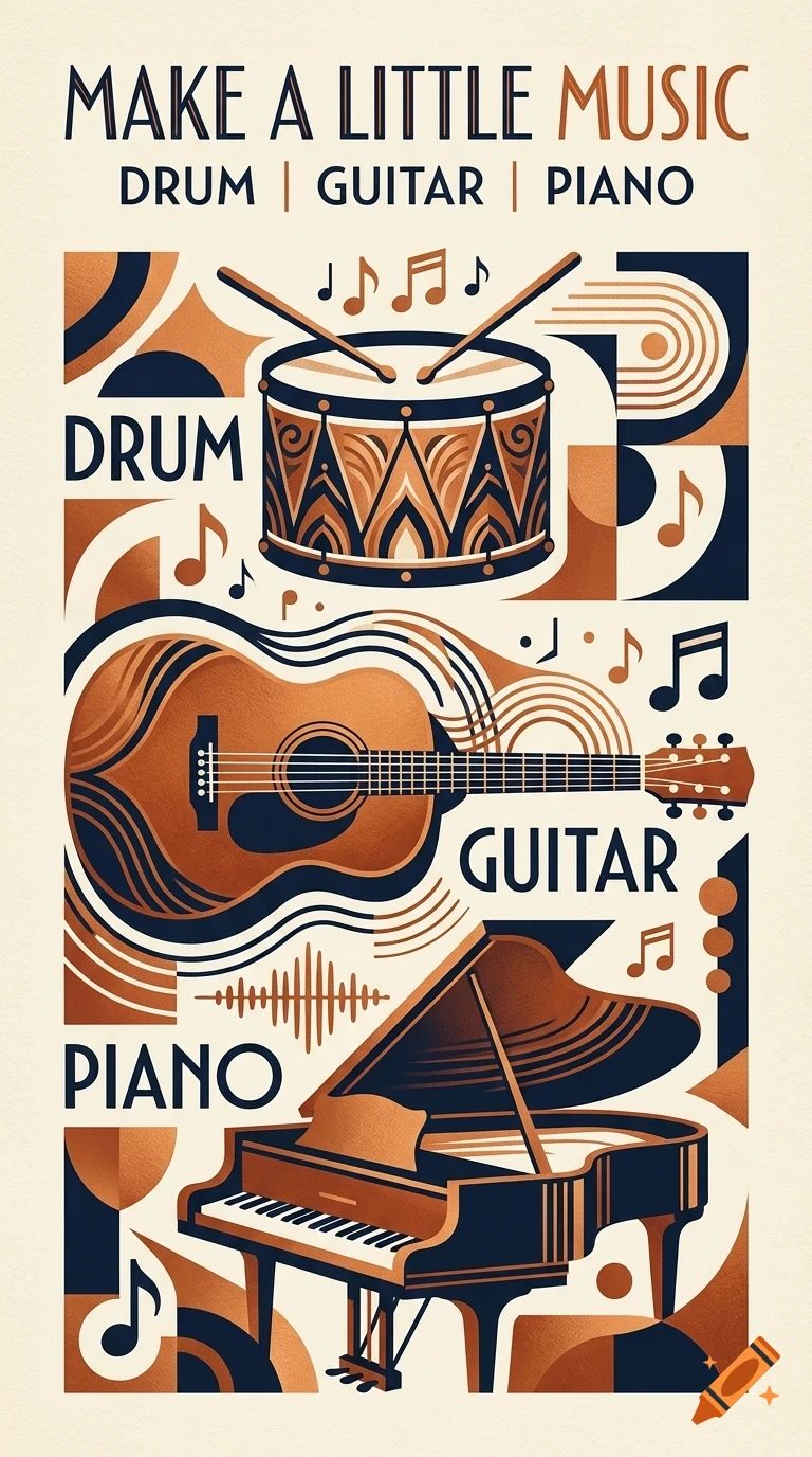 A stylized poster with geometric patterns and musical instruments including a drum, guitar, and piano, accompanied by the text MAKE A LITTLE MUSIC.