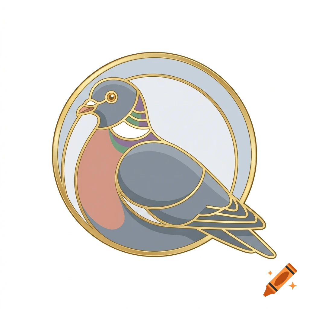 An enamel pin of a wood pigeon featuring gold outlines and soft gray, pink, and green coloration against a circular background.