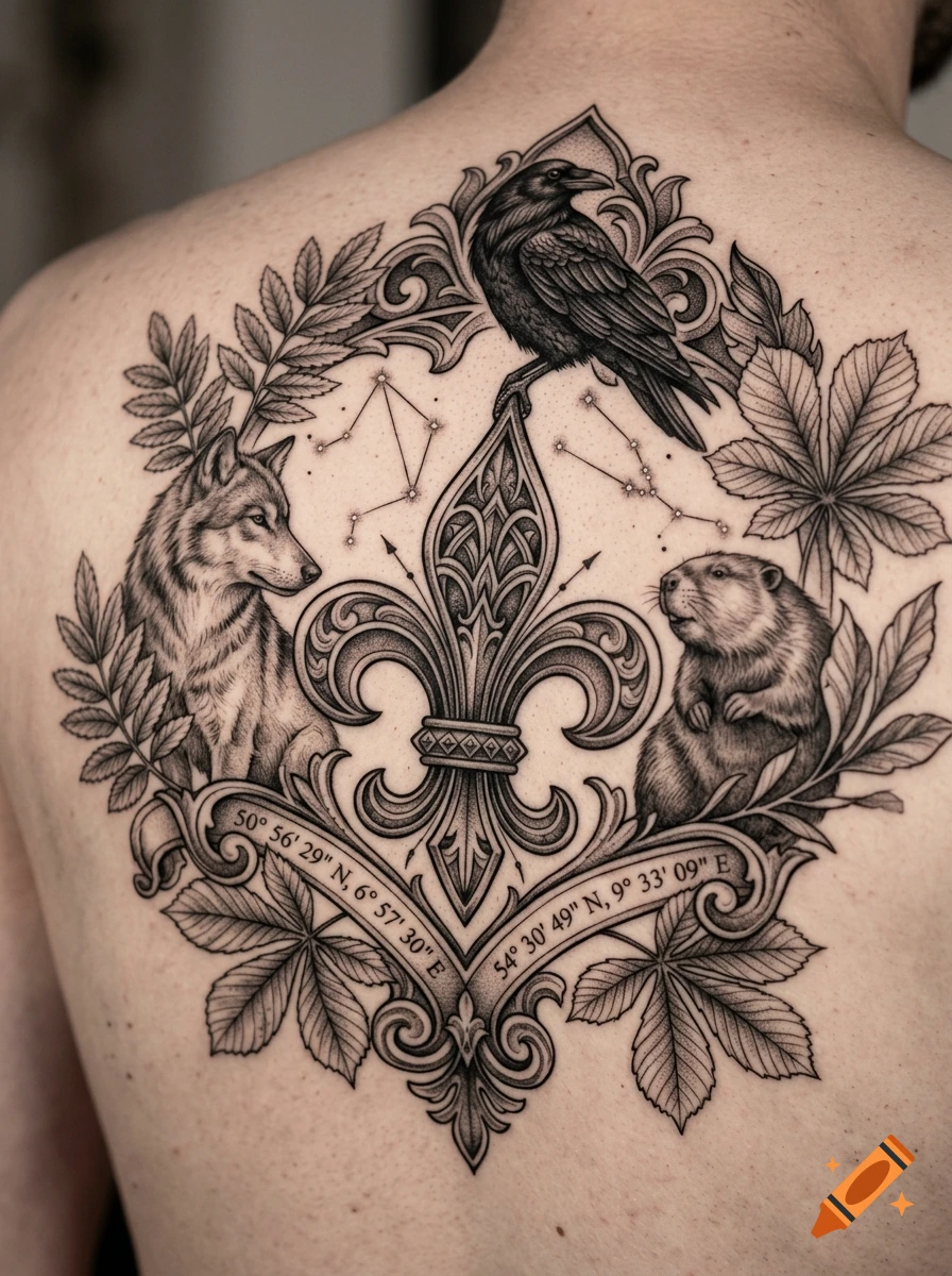 Detailed black and grey ink tattoo on a person's upper back featuring a fleur-de-lis, wolf, raven, beaver, and foliage.