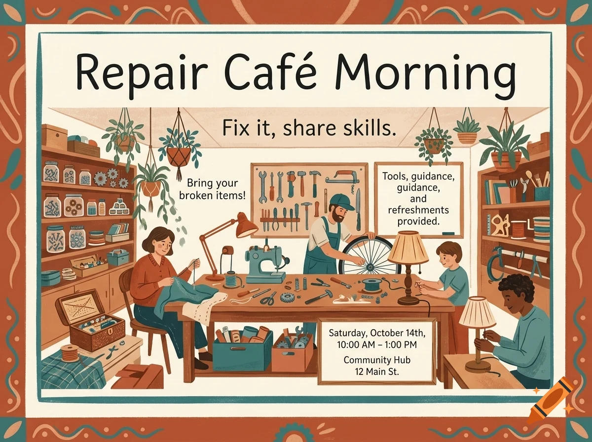 An illustrated poster for a Repair Cafe Morning, depicting people fixing items like clothing, a bicycle wheel, and a lamp in a workshop.