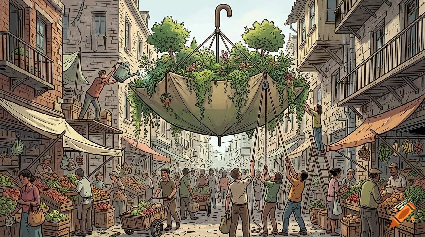 An illustrated street market with people tending to a giant upside-down umbrella filled with plants and trees suspended over the street.
