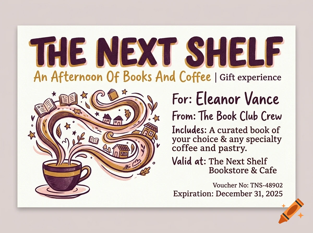 A gift voucher illustration featuring a cup of coffee with swirling steam, tiny houses, and books, along with the text THE NEXT SHELF.