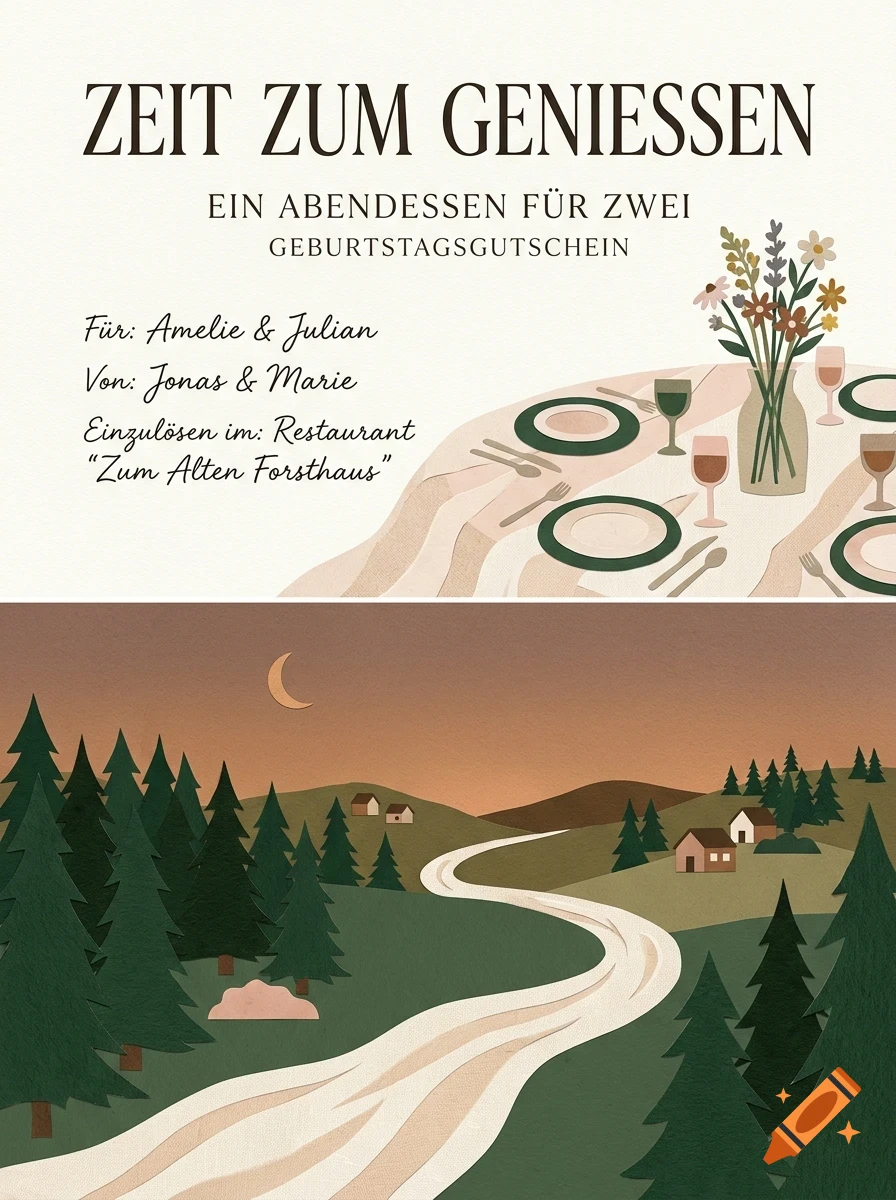 A greeting card featuring a dinner table setting with flowers at the top and a landscape illustration with a winding road, forest, and houses at the bottom.
