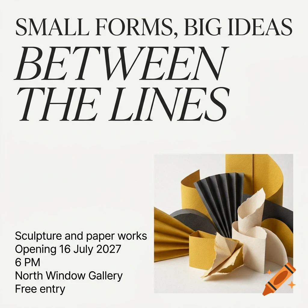 An exhibition poster titled 'Small Forms, Big Ideas: Between the Lines' featuring abstract paper sculptures and event details.