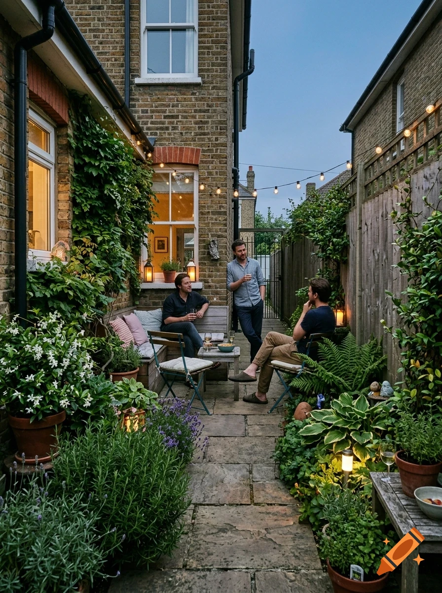 Three men relaxing in a narrow brick courtyard garden with string lights at dusk.