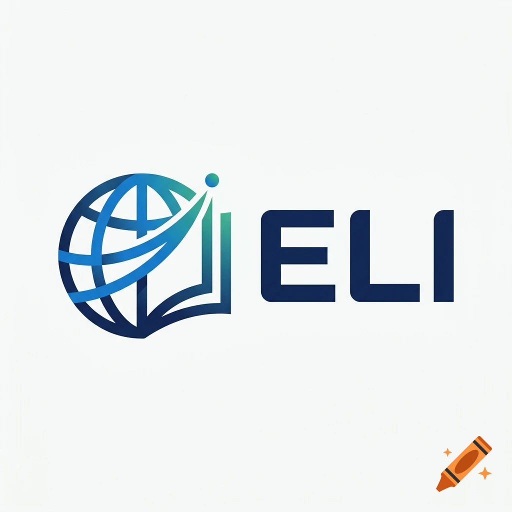Minimalist corporate logo featuring a globe integrated with an open book and the text ELI in dark blue.