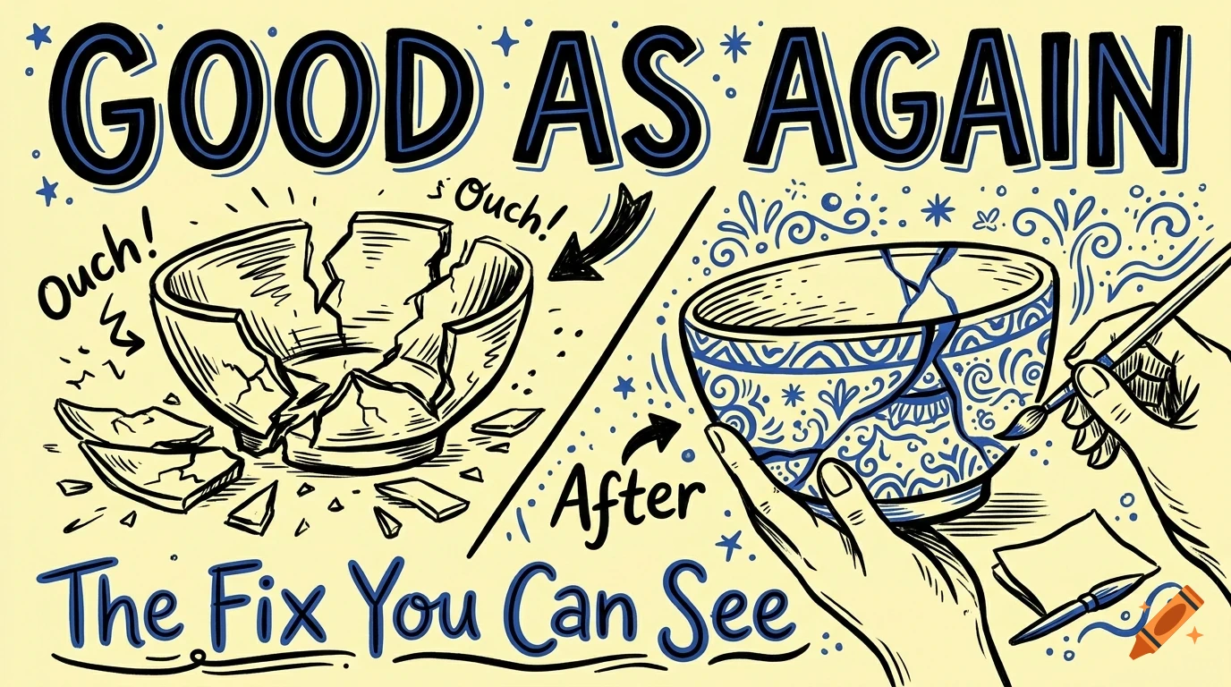 An illustrated comic-style graphic showing a broken bowl labeled 'Before' and a repaired bowl being painted labeled 'After', with text reading 'Good As Again' and 'The Fix You Can See'.