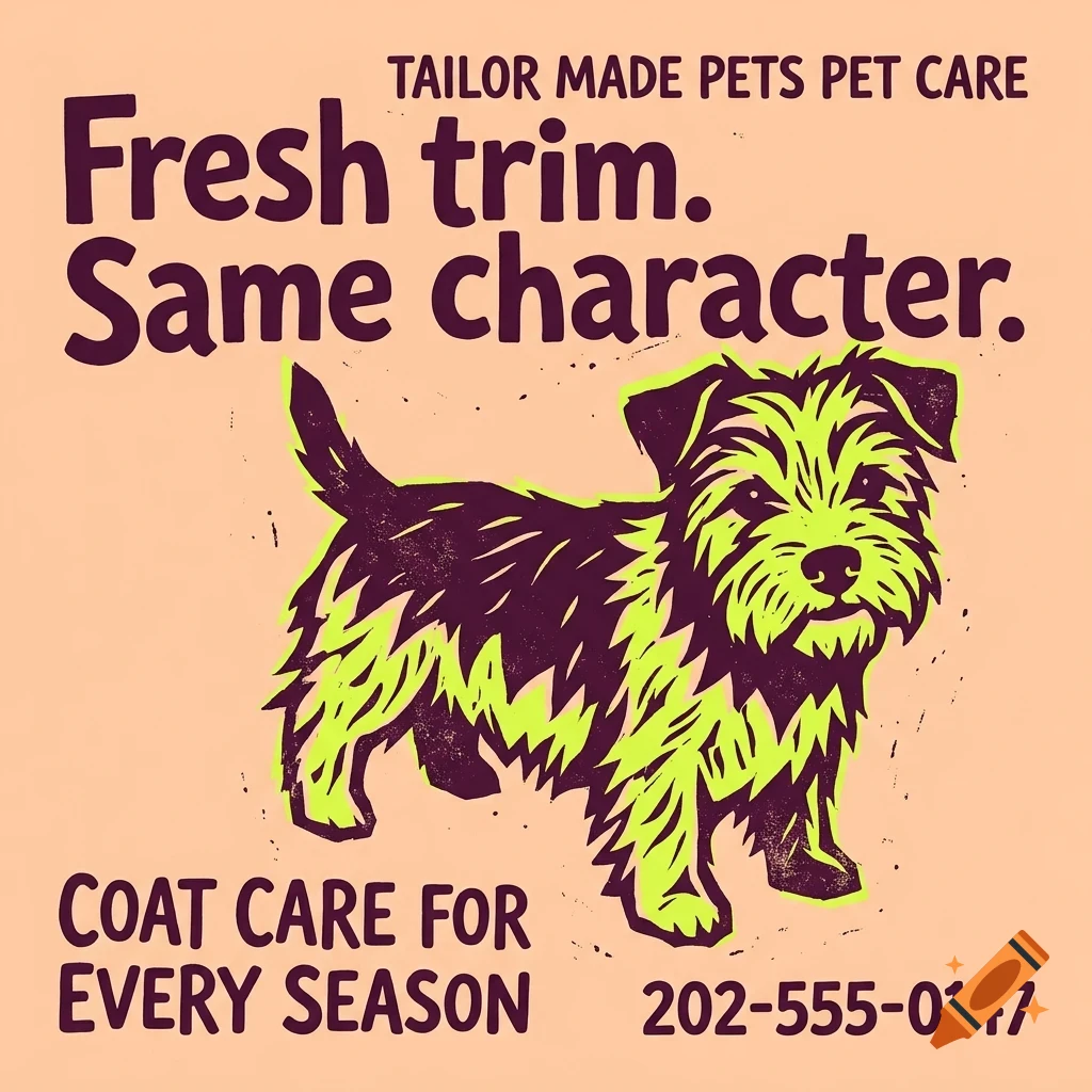 An illustrated poster featuring a terrier dog with the text "Fresh trim. Same character." and "TAILOR MADE PETS PET CARE".