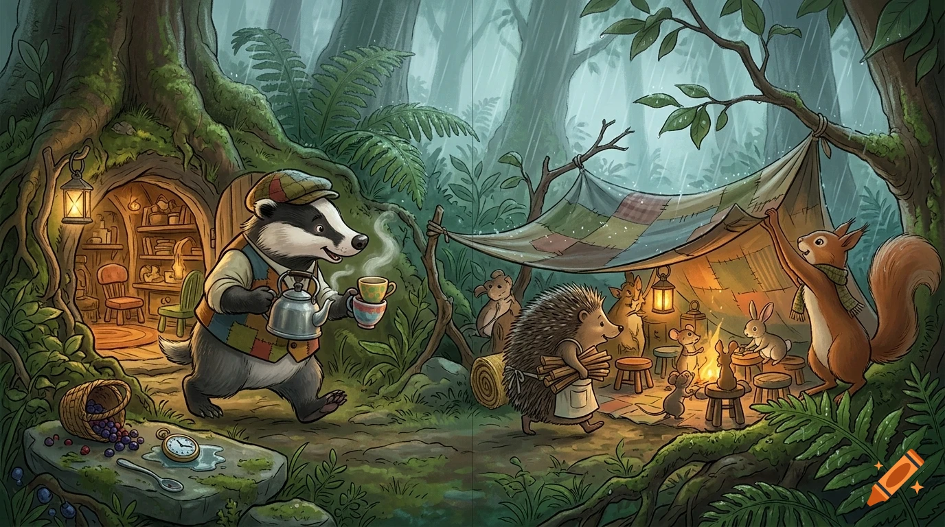 An anthropomorphic badger carrying a teapot and teacups walks near a tree burrow, while a hedgehog, squirrel, and mice gather under a makeshift tarp tent in a lush forest.