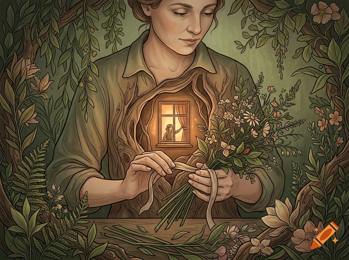 An illustration of a woman tying a ribbon around a bouquet of wildflowers, with a glowing window scene visible in her chest.