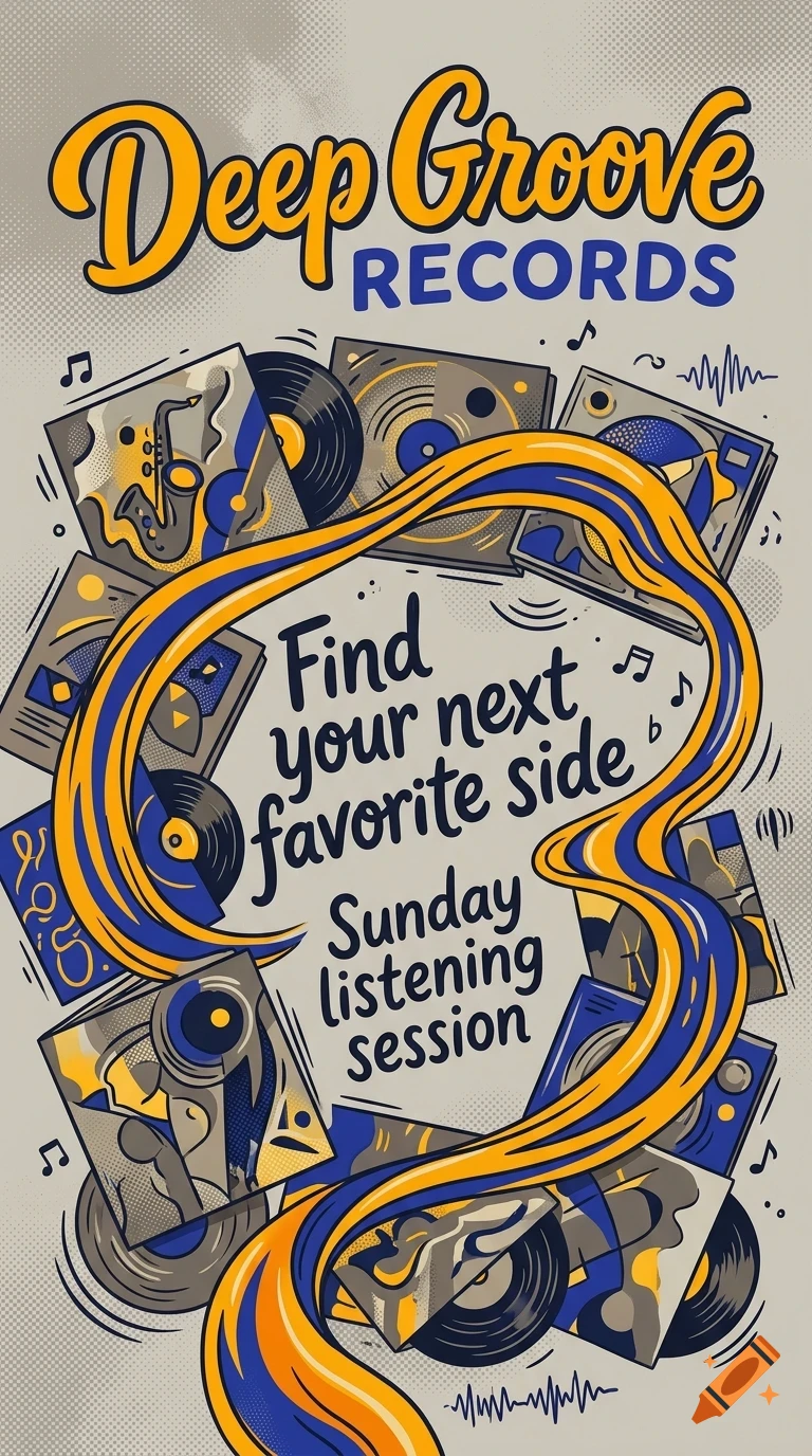 An illustrated poster for Deep Groove Records featuring vinyl records, musical elements, and the text Find your next favorite side Sunday listening session.