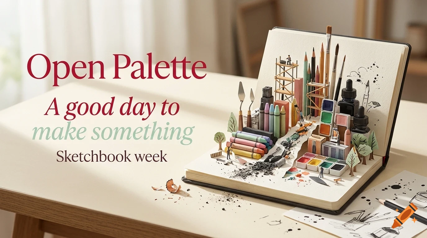 An open sketchbook on a table features a diorama of tiny art supplies, pencils, and miniature figures creating a cityscape scene.