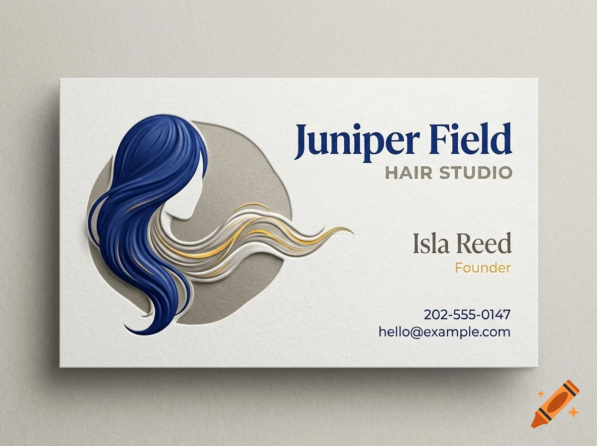 A business card for Juniper Field Hair Studio featuring a 3D embossed logo of a woman's profile with blue and white hair.