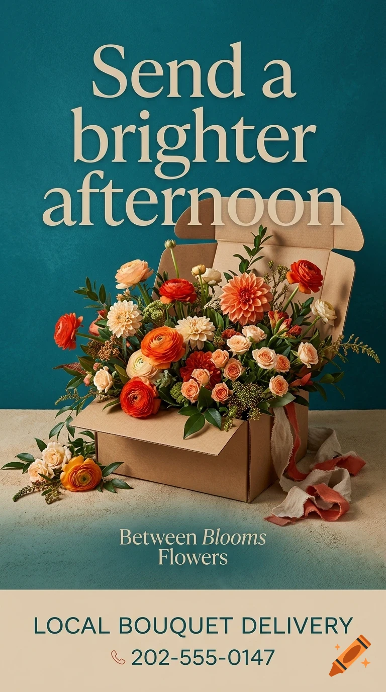 An open cardboard box filled with vibrant orange, peach, and white flowers, with the text 'Send a brighter afternoon' and 'Between Blooms Flowers' displayed prominently.