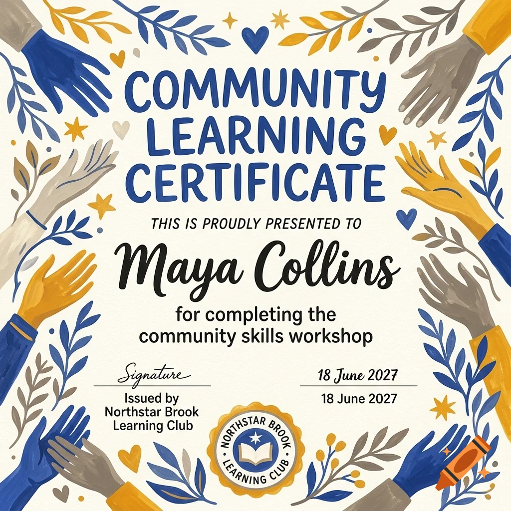 A Community Learning Certificate with blue and black lettering, surrounded by illustrated hands and leafy botanical borders.