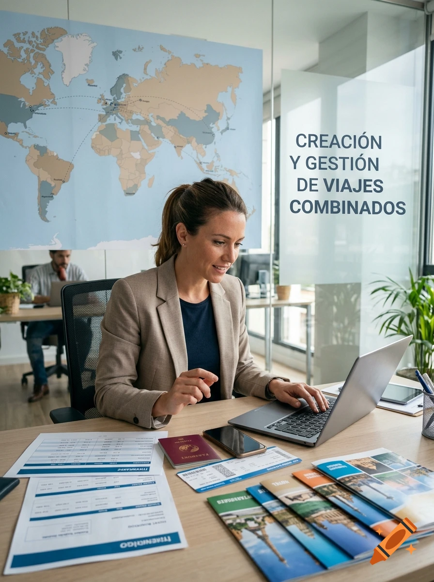 Photorealistic image of a woman working on a laptop at a desk in a travel agency office with travel brochures and a world map.