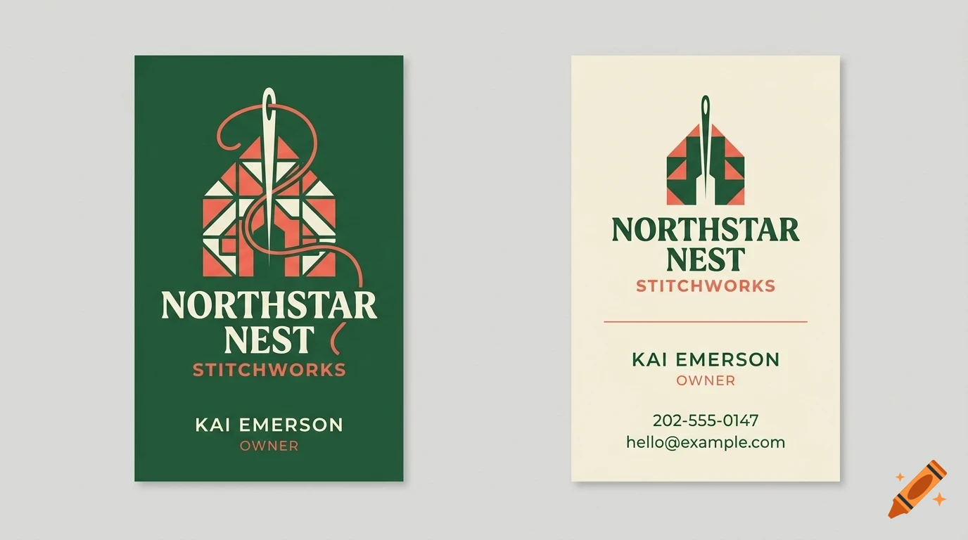 Two business card mockups for Northstar Nest Stitchworks featuring a house and needle logo.