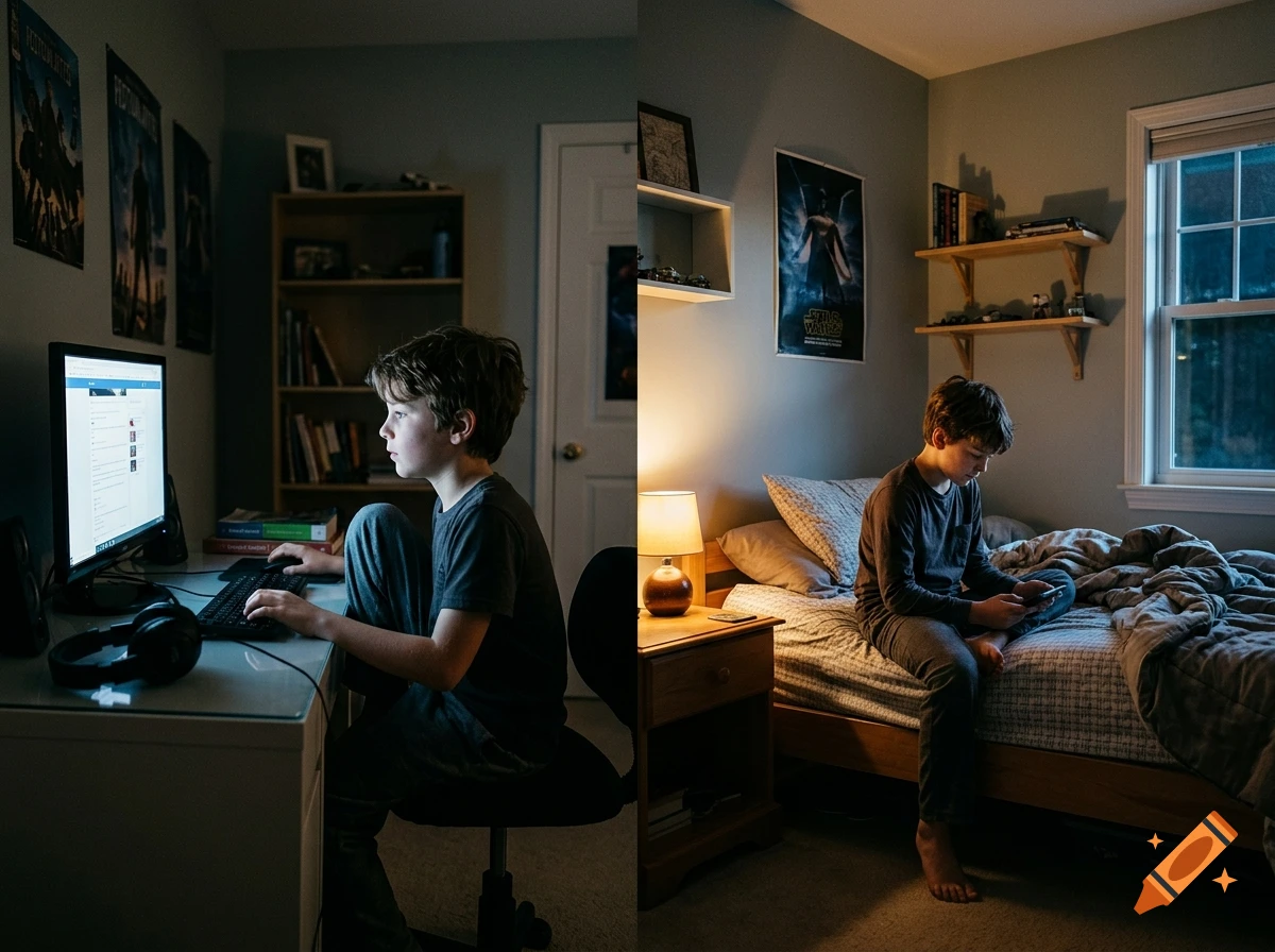 Split view photorealistic image of an 11-year-old boy playing computer games at a desk on the left, and sitting on a bed with a phone on the right at night.