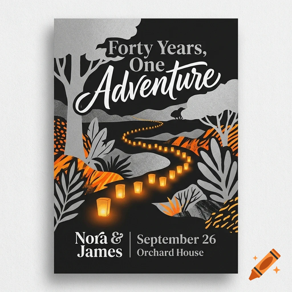 An illustration of a winding path lit by glowing lanterns through a dark landscape with trees and foliage, featuring the text Forty Years, One Adventure and Nora & James | September 26 | Orchard House.