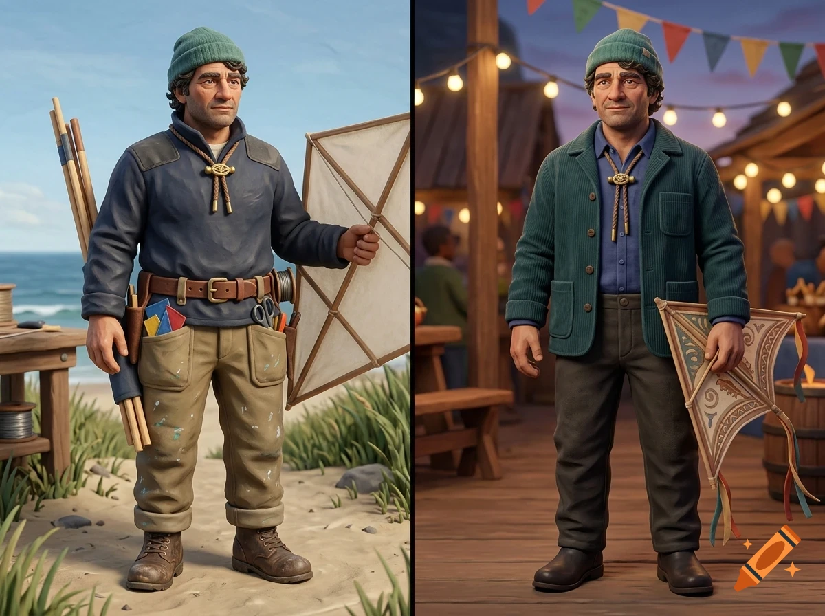 Two side-by-side digital character concept art images of a man holding a kite outdoors.