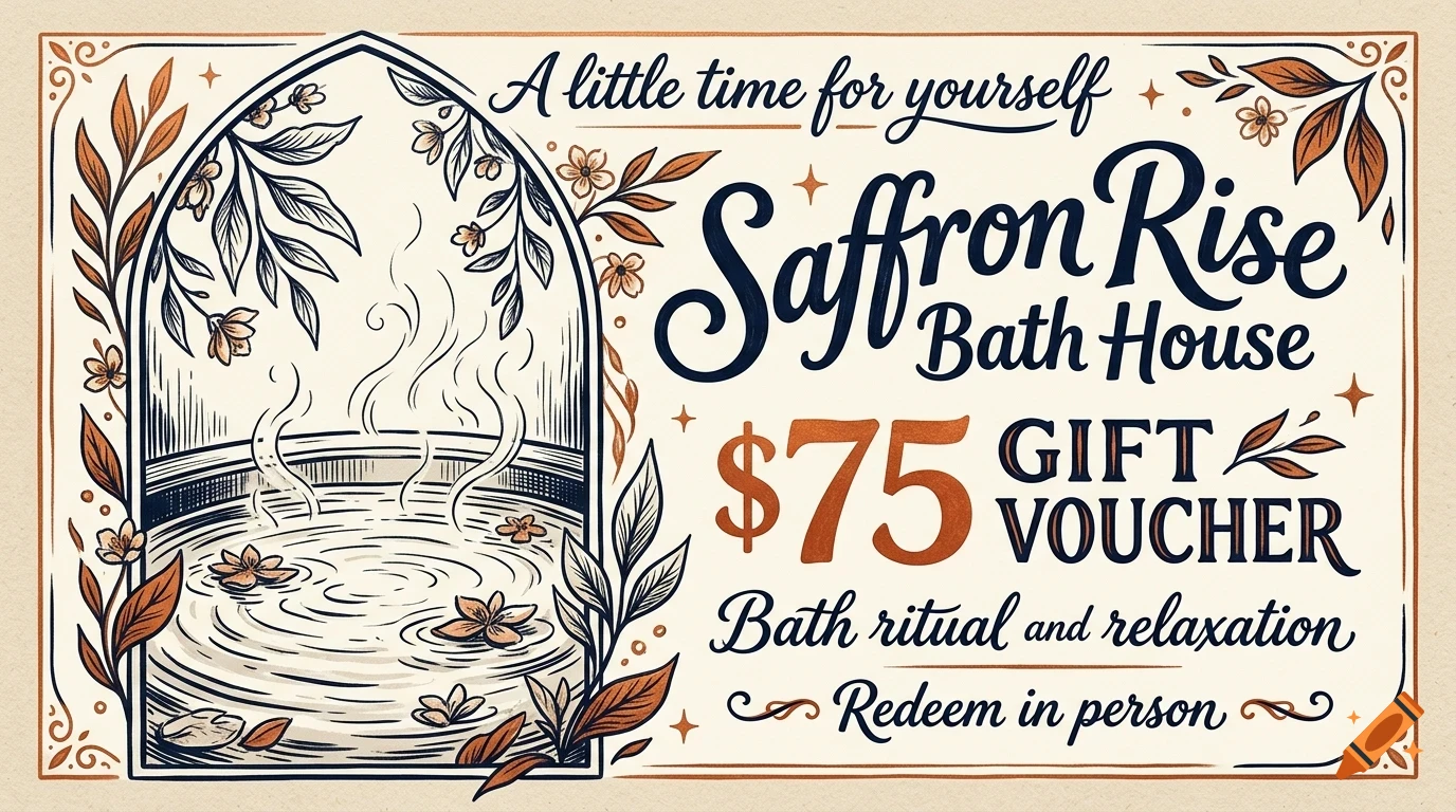 An illustrated gift voucher for Saffron Rise Bath House featuring lettering, a hot bath, and floral decorations.