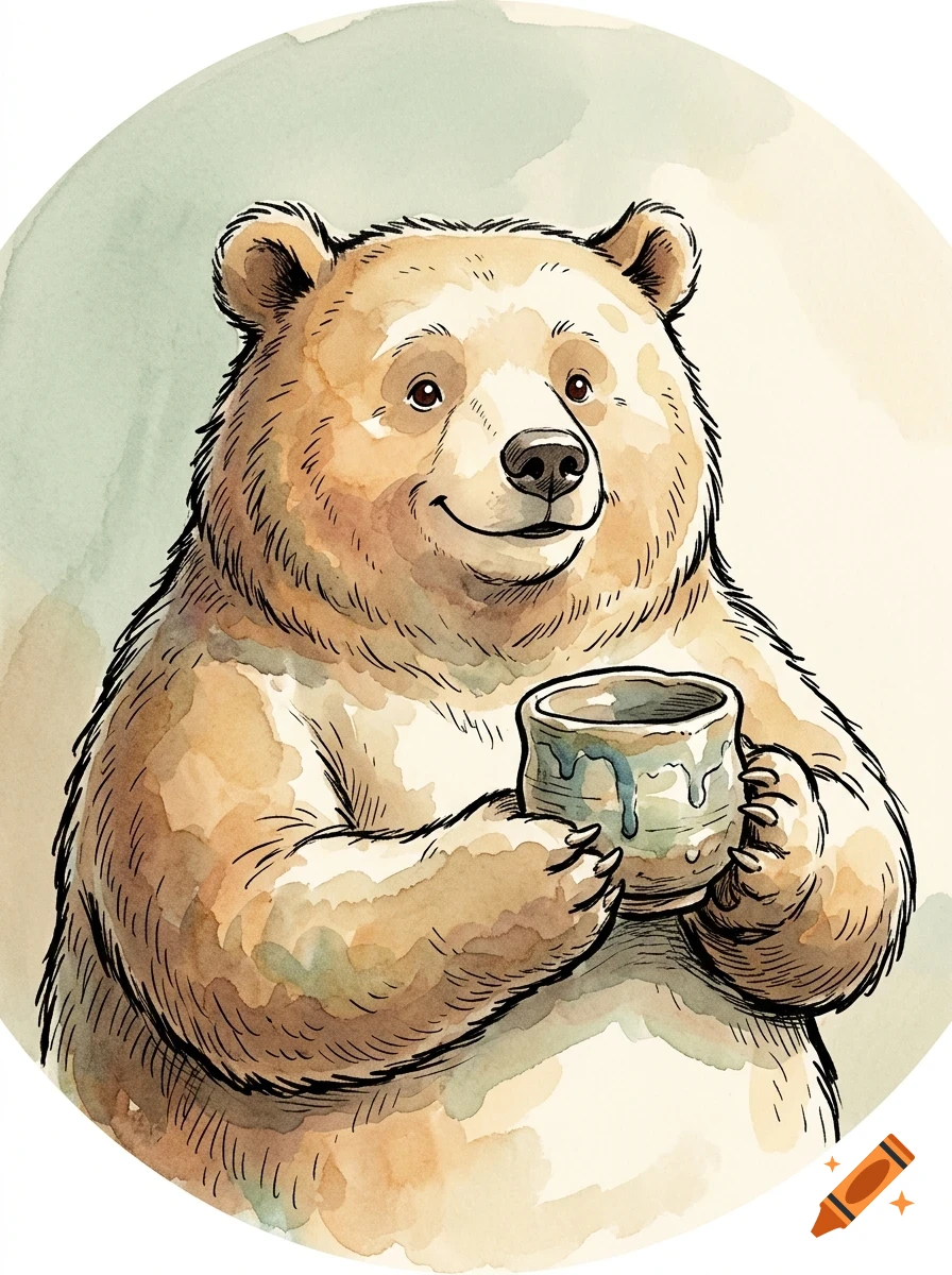 A watercolor illustration of a friendly bear holding a mug.