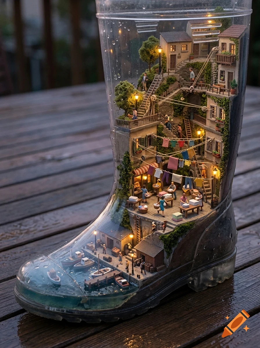 A detailed miniature village with tiny houses, people, and a harbor built inside a transparent rain boot sitting on a wooden table.