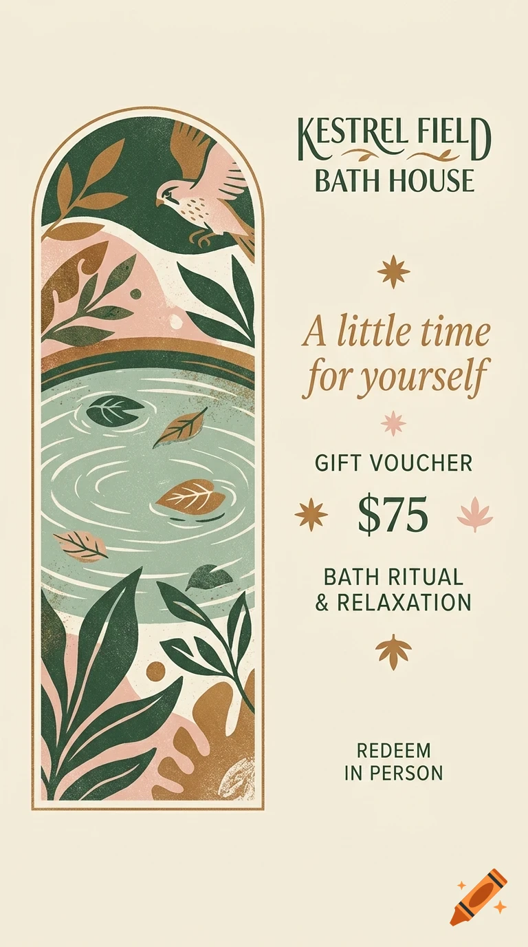 An illustrated gift voucher design for Kestrel Field Bath House featuring an arched panel with a bird, leaves, and water, alongside text reading A little time for yourself and $75.