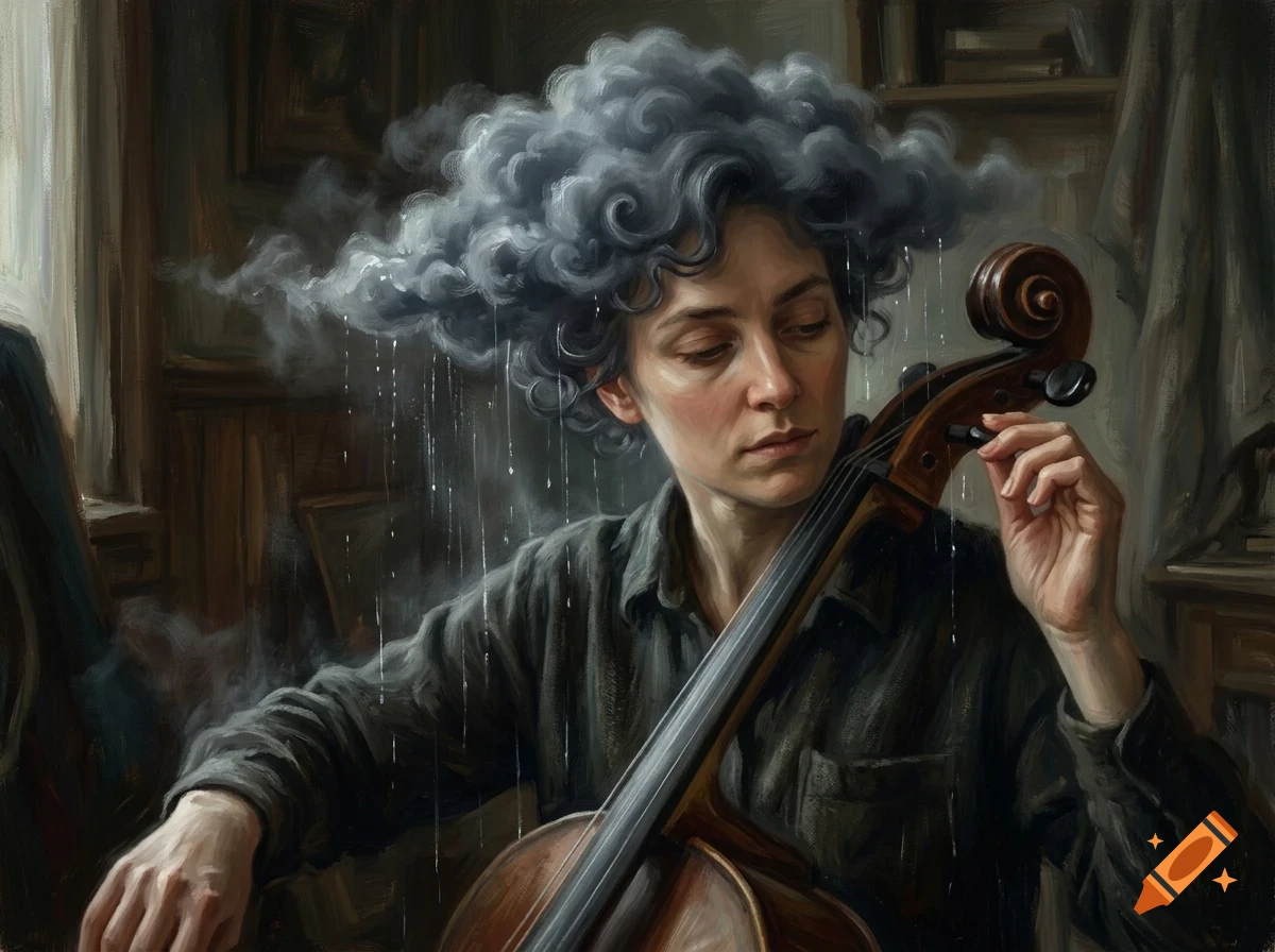An oil painting of a person with a dark, stormy cloud for hair, tuning a cello indoors.