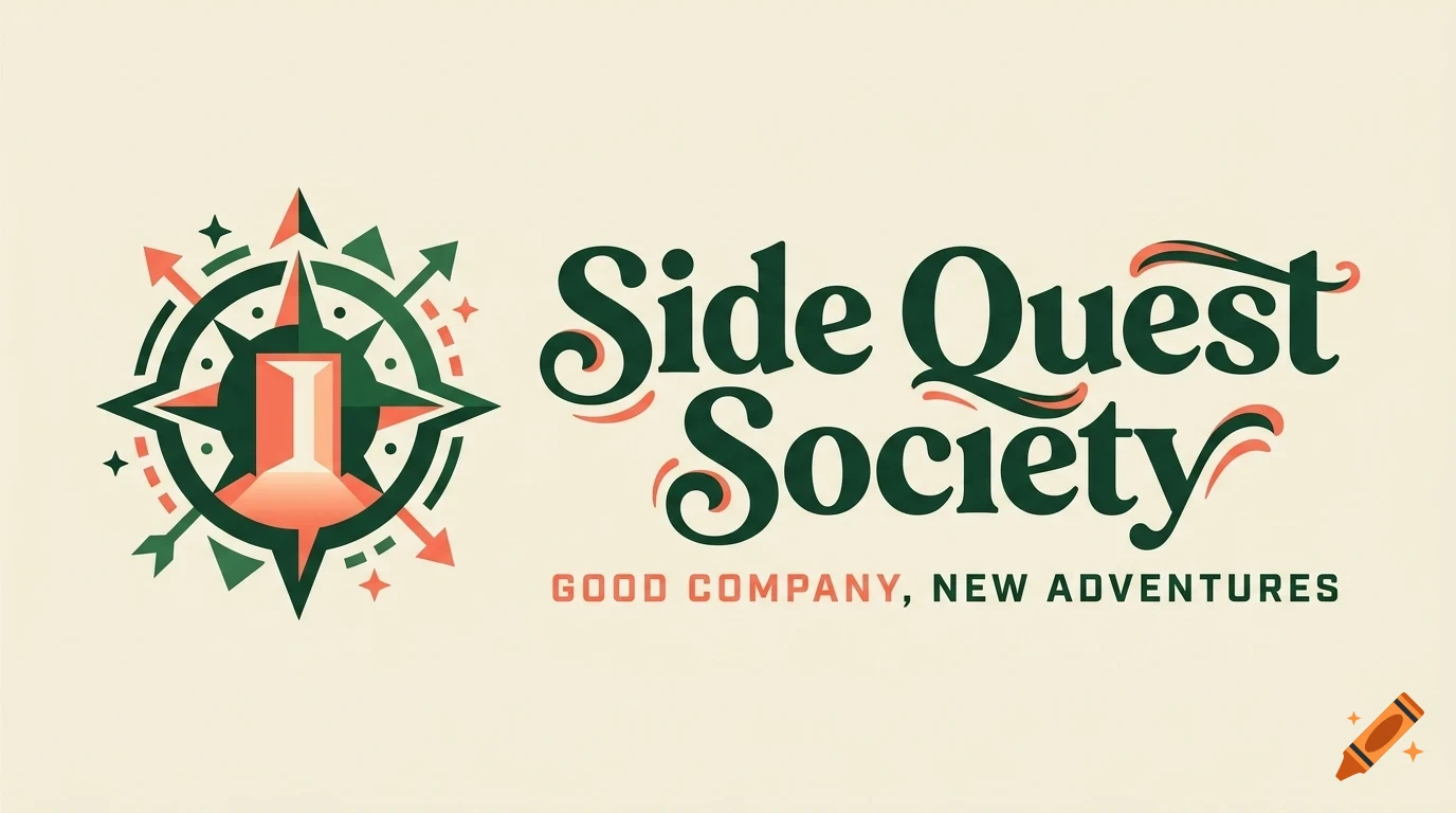 A logo design with a compass star icon and the text Side Quest Society and Good Company, New Adventures.