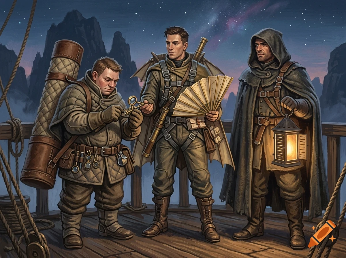 Three male travelers in vintage exploration gear stand on a wooden deck at night, holding a magnifying glass, map, and glowing lantern.