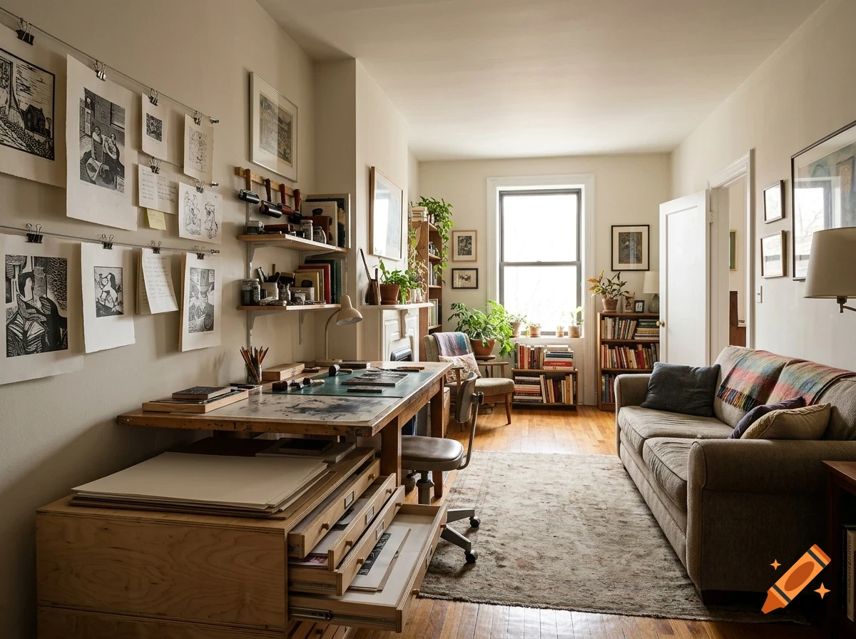An artist studio apartment with a large work table, flat files, artwork hung on the wall, and a couch.