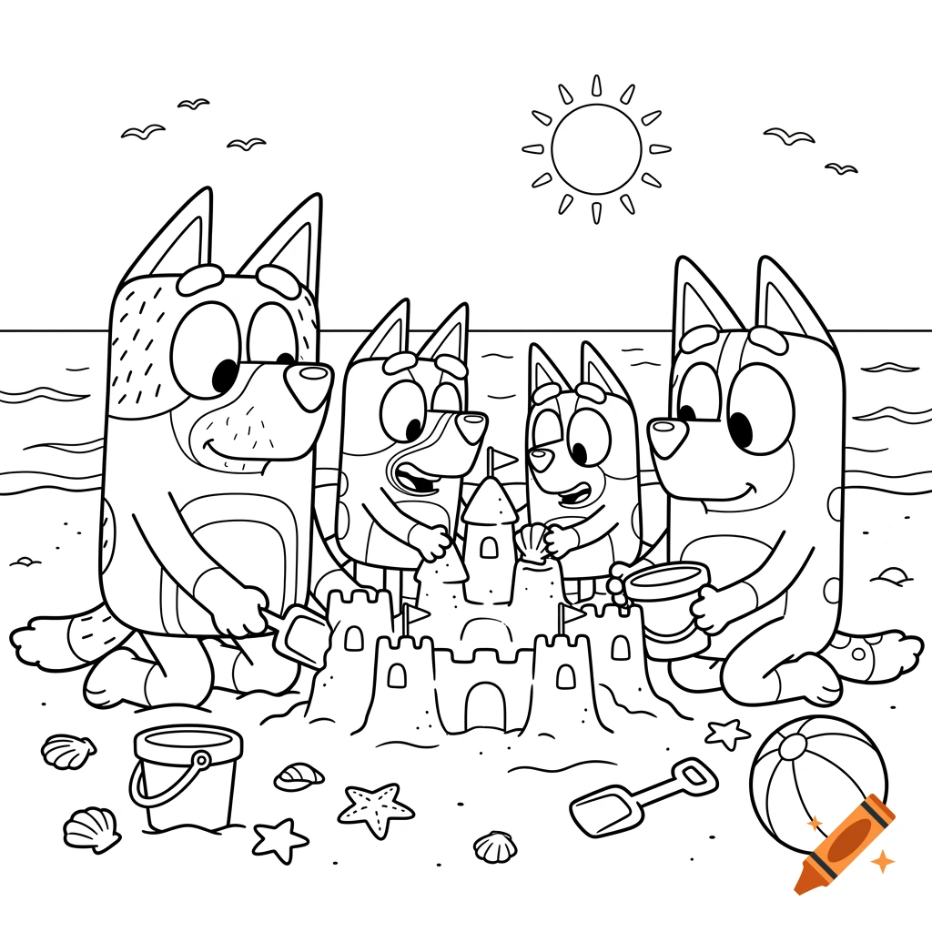 Black and white coloring book page of a dog family building a sandcastle on the beach.