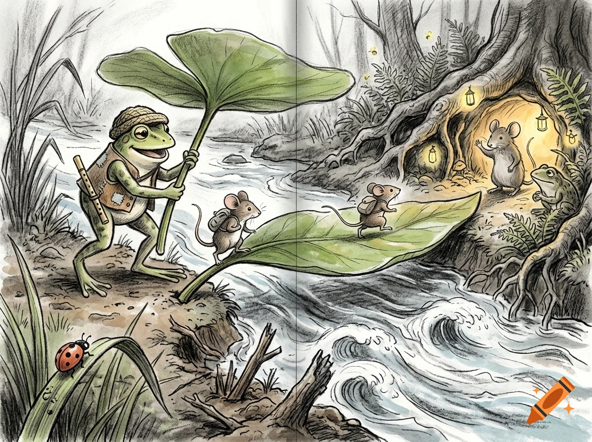 An illustrated woodland scene with anthropomorphic animals, including a frog holding a giant leaf and mice crossing a stream near a hollow tree home.