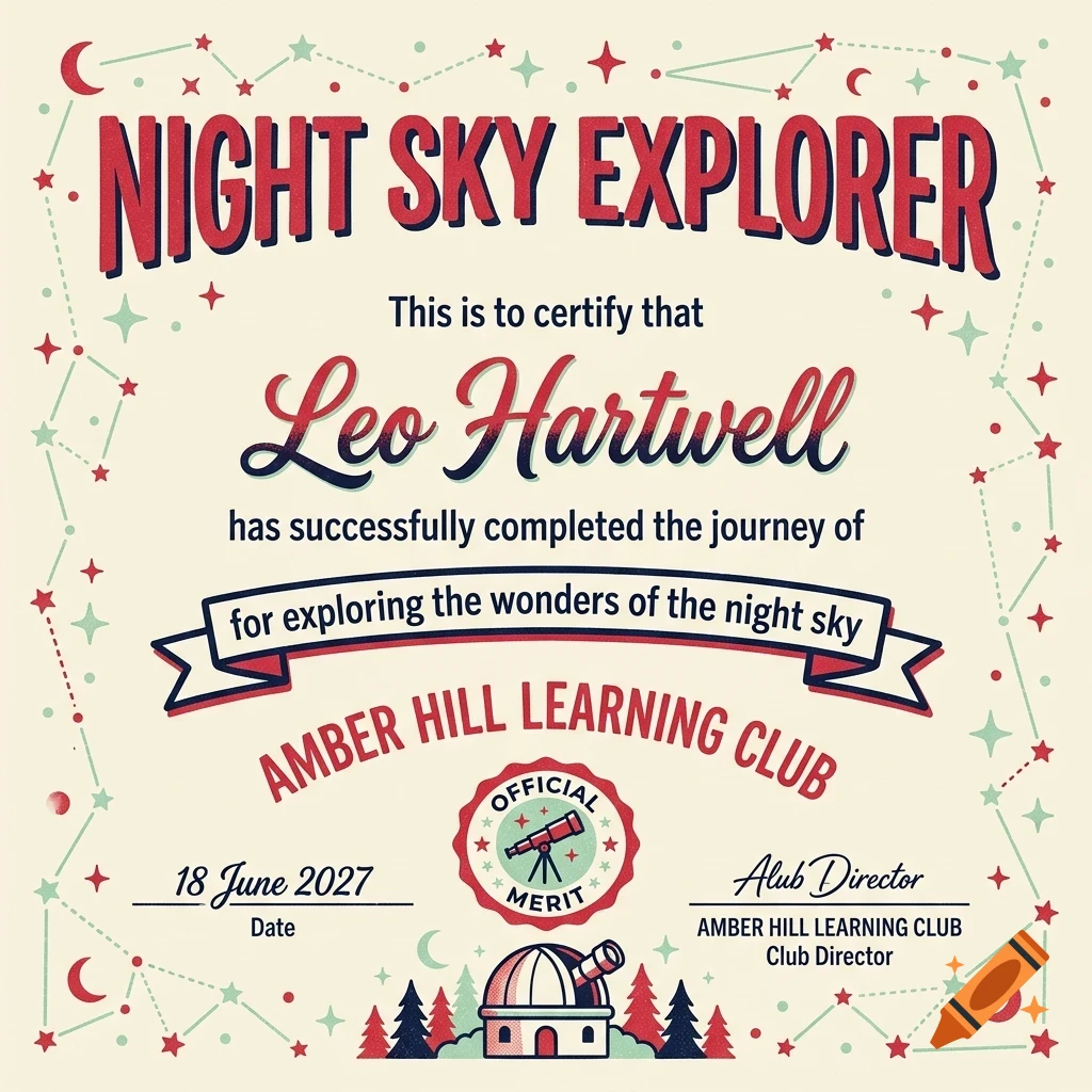 An illustrated certificate titled Night Sky Explorer awarded to Leo Hartwell, featuring celestial decorations and an observatory icon.